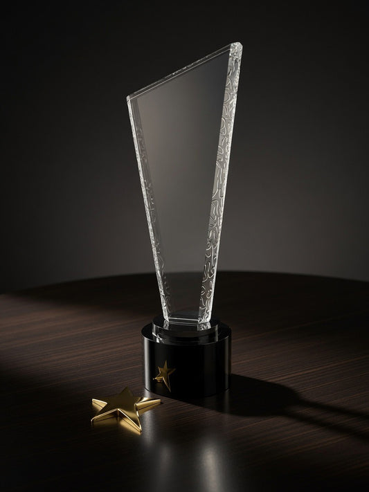 Gold star crystal award on black base
