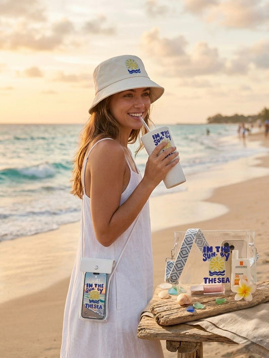 Sun and Sea smoothie mug held at the beach