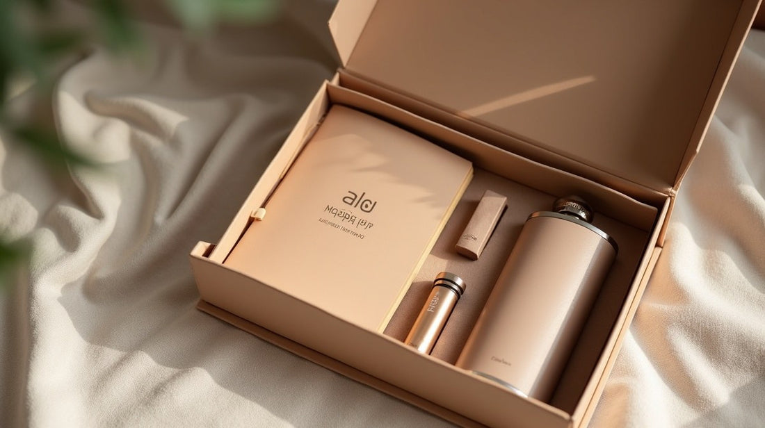 Curated VIP gift set Egypt — open minimalist branded gift box with premium executive client gifts on a neutral linen background