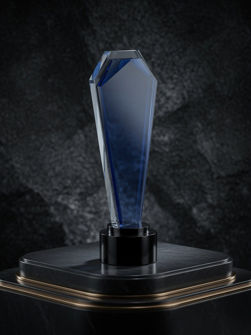Blue crystal award trophy detail