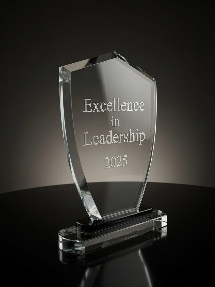 Crystal Shield Award engraved Excellence in Leadership 2025