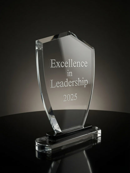 Crystal Shield Award engraved Excellence in Leadership 2025