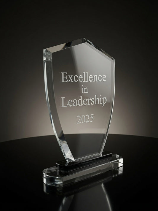 Crystal Shield Award engraved Excellence in Leadership 2025