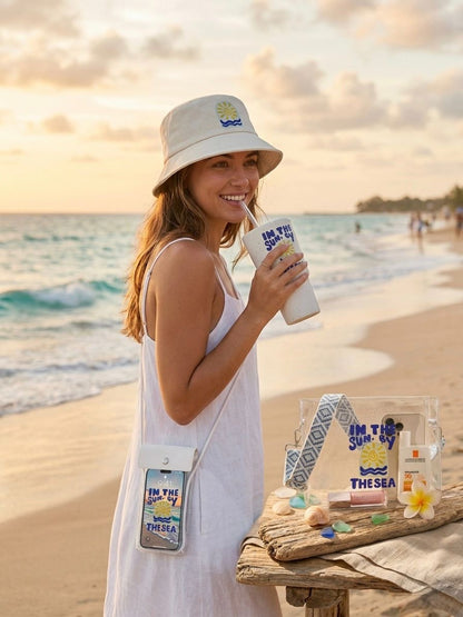 Sun and Sea phone pouch worn crossbody at the beach