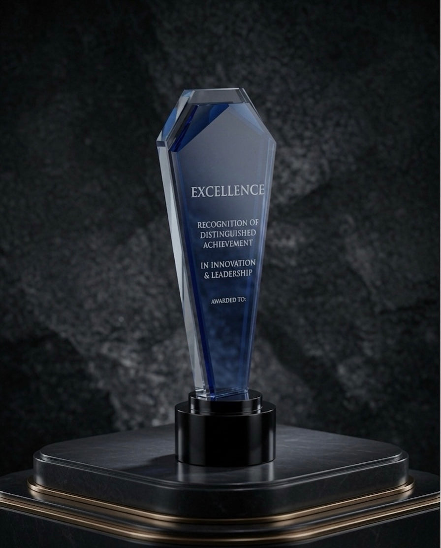 Blue Crystal Award engraved Excellence Recognition of Distinguished Achievement