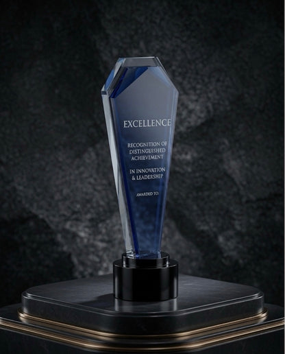 Blue Crystal Award engraved Excellence Recognition of Distinguished Achievement