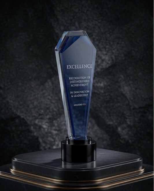 Blue Crystal Award engraved Excellence Recognition of Distinguished Achievement