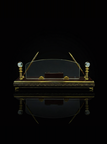 Crystal Desk Set with Pen Holder - crystal arch on an ornate base with two gold pens, on a dark background | Totem Gift Egypt