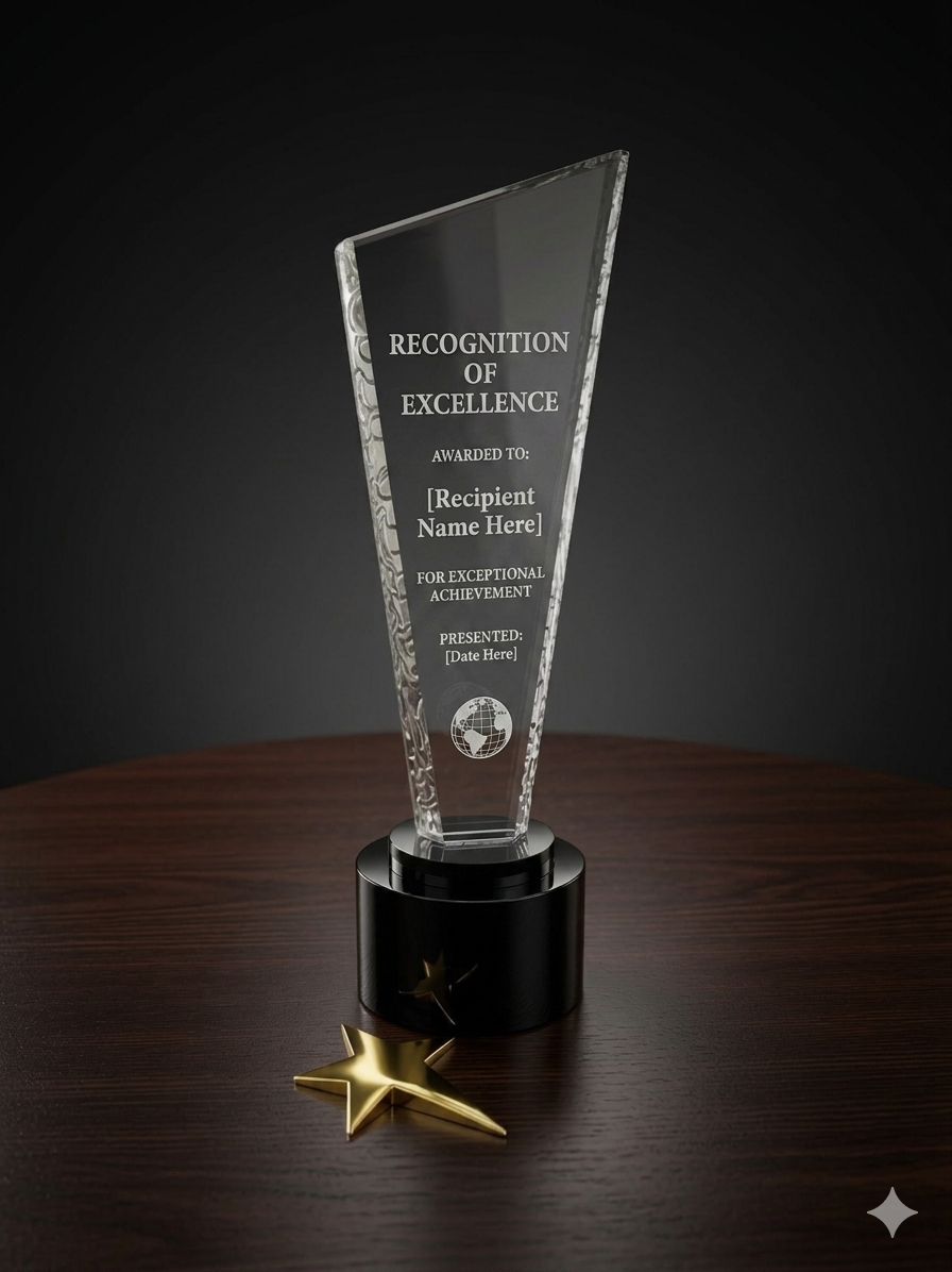 Blue Star Trophy engraved Recognition of Excellence with gold star
