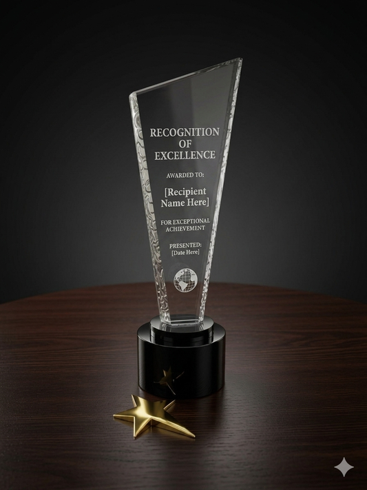 Blue Star Trophy engraved Recognition of Excellence with gold star