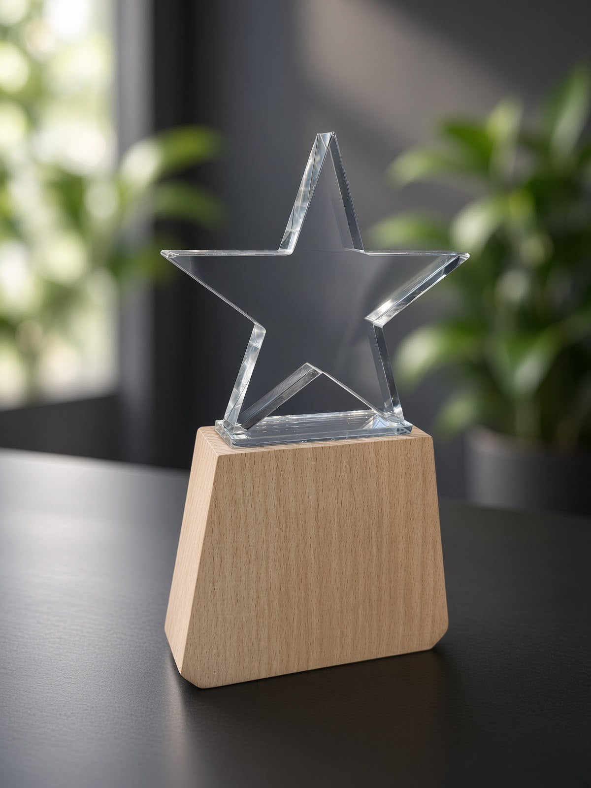 Beechwood Star Award - angled view of the crystal star and the wood grain | Totem Gift Egypt