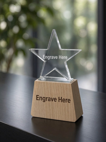 Beechwood Star Award - where the laser engraving goes: on the star or on the wood base | Totem Gift Egypt