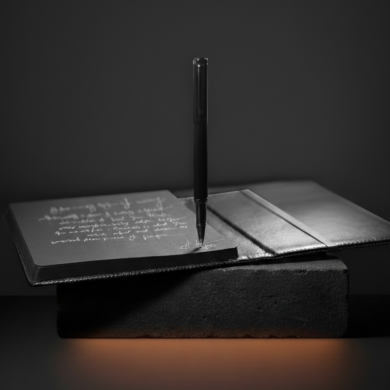 Chic black-on-black writing set components close-up detail