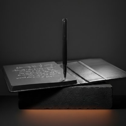 Chic black-on-black writing set components close-up detail