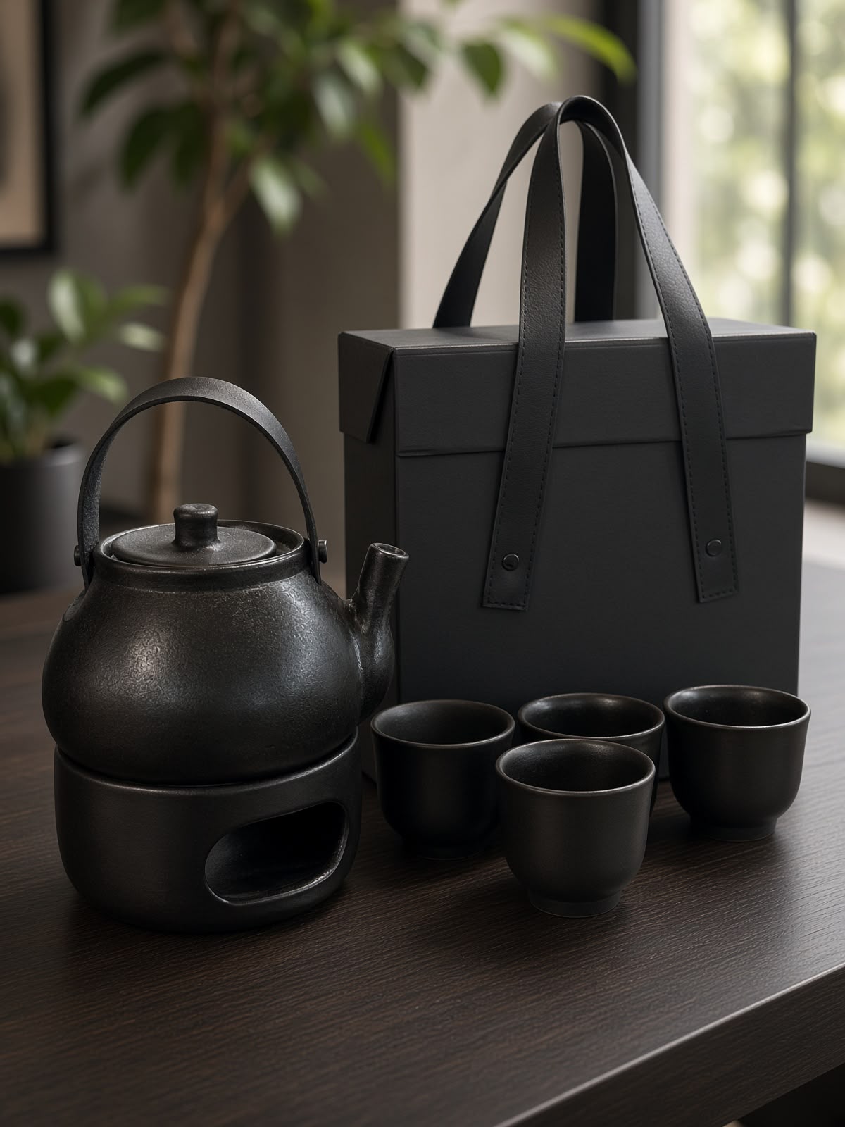 Ember Pottery Tea Set - black pottery teapot on its candle warming stand with four cups and the strapped gift box | Totem Gift Egypt