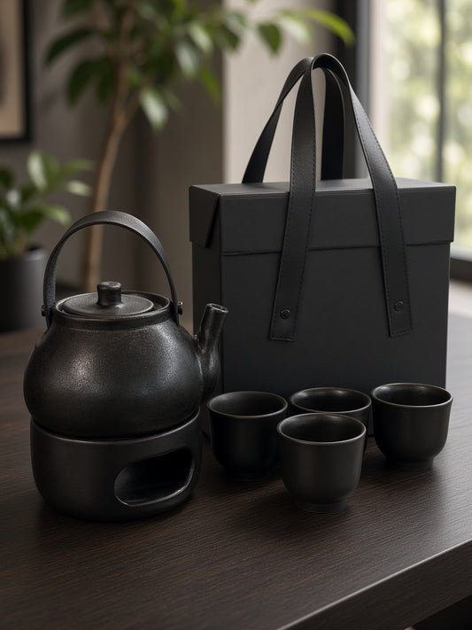 Ember Pottery Tea Set - black pottery teapot on its candle warming stand with four cups and the strapped gift box | Totem Gift Egypt