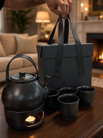 Ember Pottery Tea Set with a tealight lit in the warming stand and the gift box carried by its straps