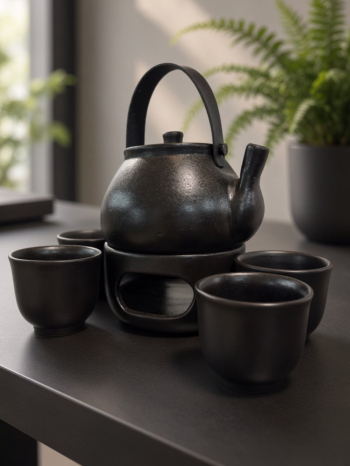 Black pottery teapot on its warming stand with four handleless cups