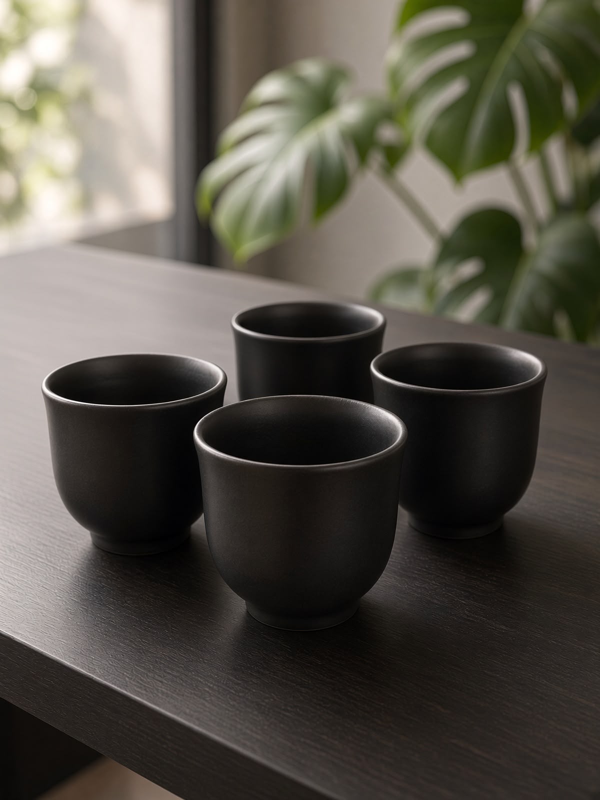 Four handleless matte black pottery cups