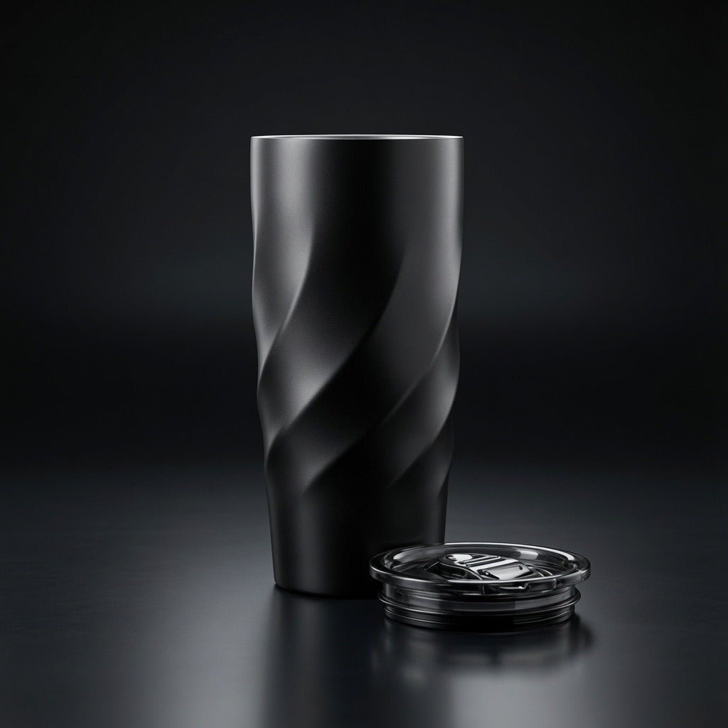 Sustainable Twist Tumbler in matte black recycled stainless steel with clear screw-on lid removed - Totem Gift Egypt