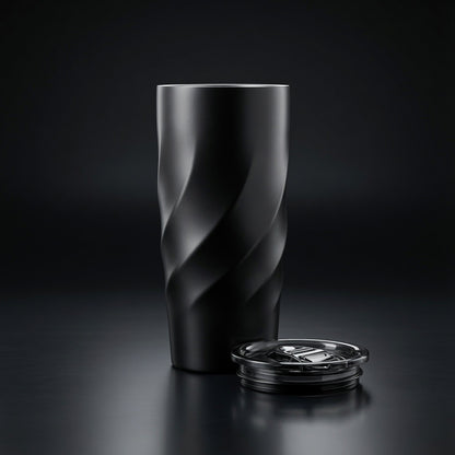 Sustainable Twist Tumbler in matte black recycled stainless steel with clear screw-on lid removed - Totem Gift Egypt