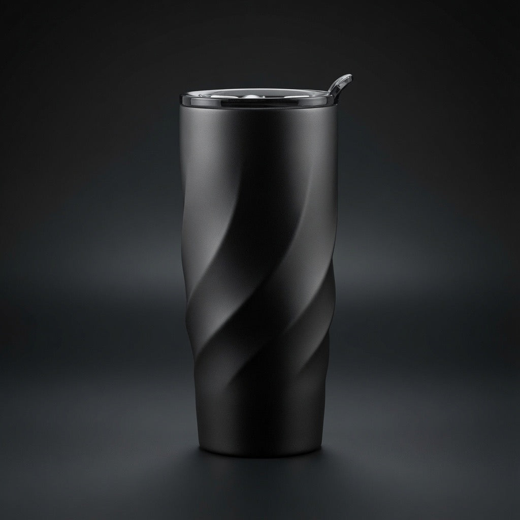 Matte black twisted stainless steel tumbler with lid sealed and flip spout open - Totem Gift Egypt