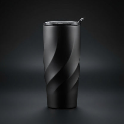 Matte black twisted stainless steel tumbler with lid sealed and flip spout open - Totem Gift Egypt