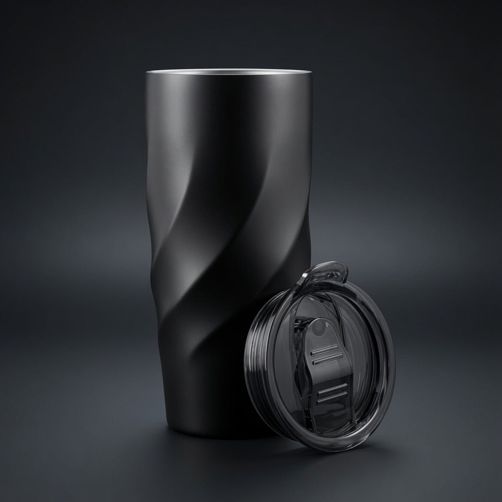 Twisted matte black insulated tumbler beside its leak-proof screw-on lid - Totem Gift Egypt