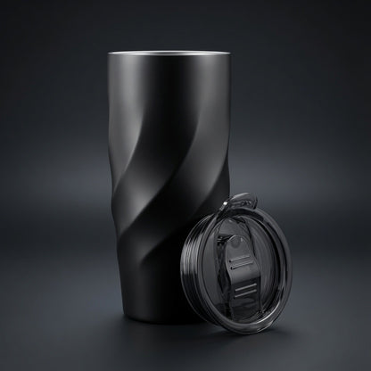 Twisted matte black insulated tumbler beside its leak-proof screw-on lid - Totem Gift Egypt
