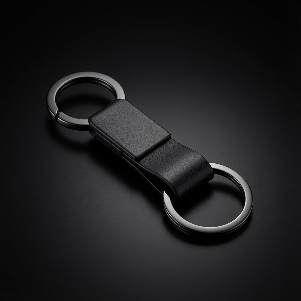 Black leather keychain with twin polished split rings - Totem Gift Egypt