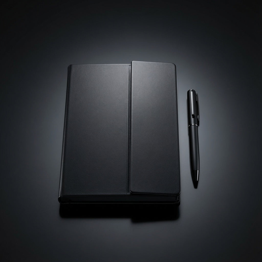 Hardcover notebook with wraparound flap closure beside a matte black metal pen - Totem Gift Egypt