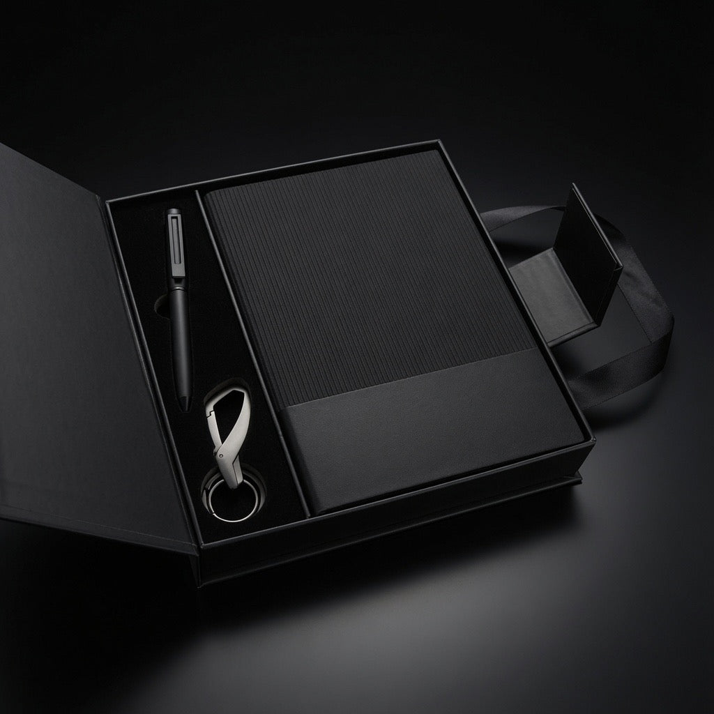 Executive Trio Gift Set open magnetic box with pen, ribbed notebook and keychain beside carry bag - Totem Gift Egypt