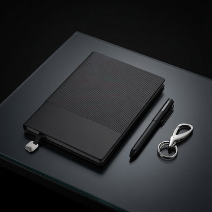 Ribbed hardcover notebook with matte black pen and brushed metal carabiner keychain - Totem Gift Egypt