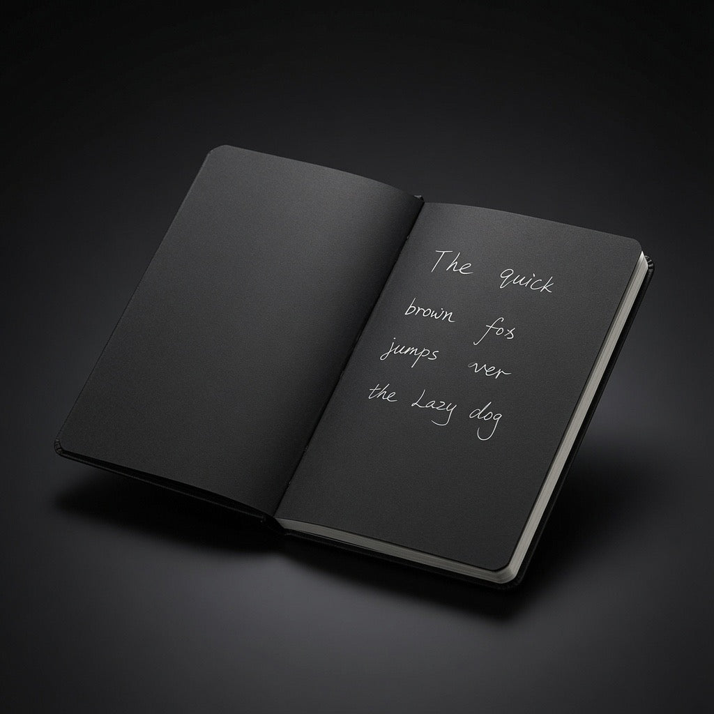 Hardcover notebook with black pages and white ink handwriting - Totem Gift Egypt