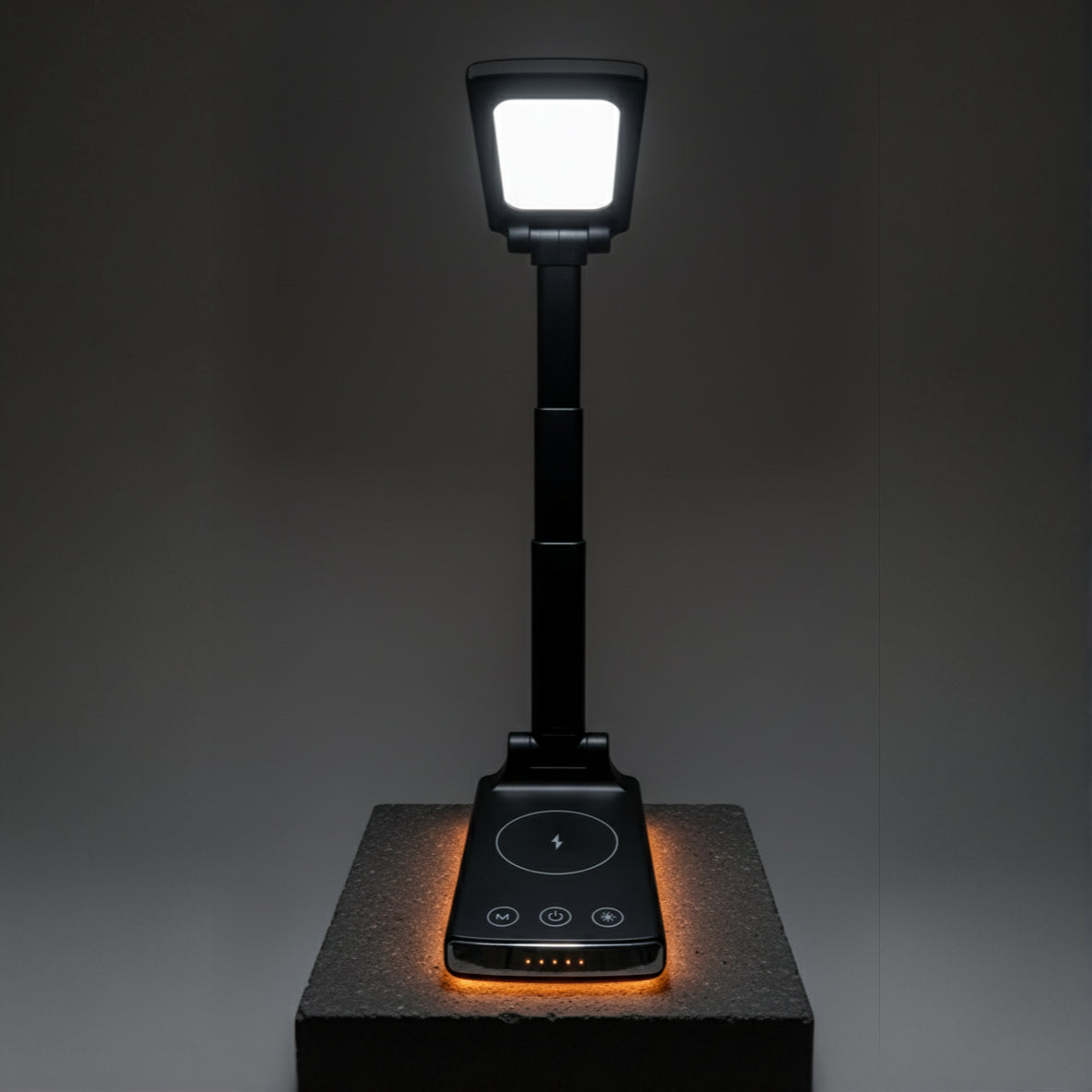 Smart foldable desk lamp in folded portable position