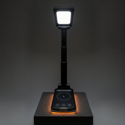 Smart foldable desk lamp in folded portable position