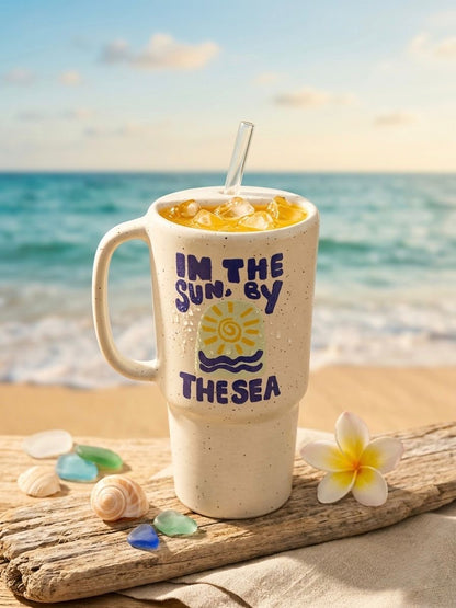 Sun and Sea ceramic smoothie mug with glass straw